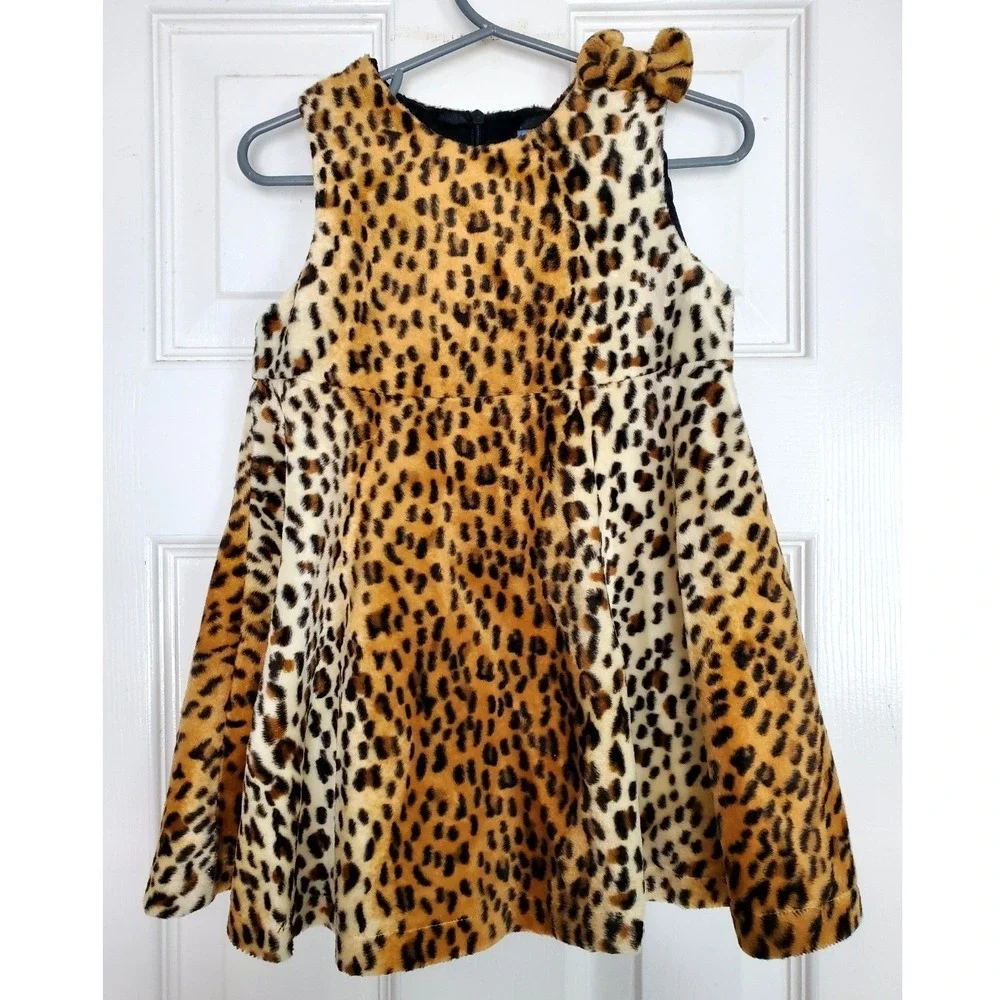 The Children's Place Dress Leopard Faux Fur Bow Sleeveless Party Holiday 24M